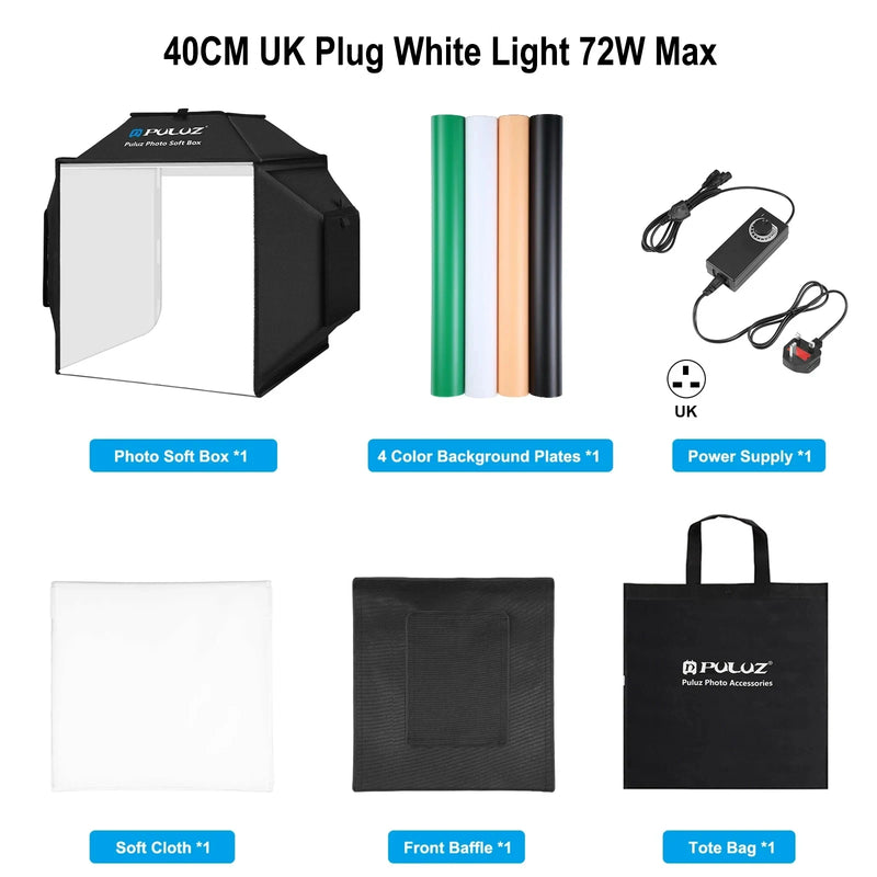 Puluz 40cm Professional Photography Lightbox 72W LED Photo Studio Shooting Tent Soft Box Kit,Photo Studio Box 4 Color Backdrops