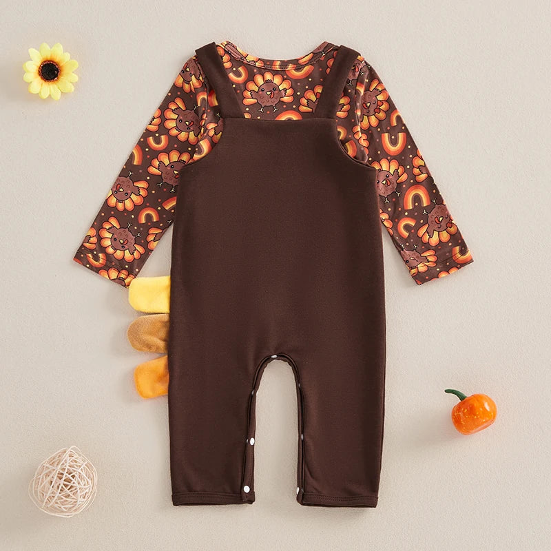 Baby Girl 2Pcs Thanksgiving Outfits Long Sleeve Turkey Print Romper Overalls Set Infant Clothing
