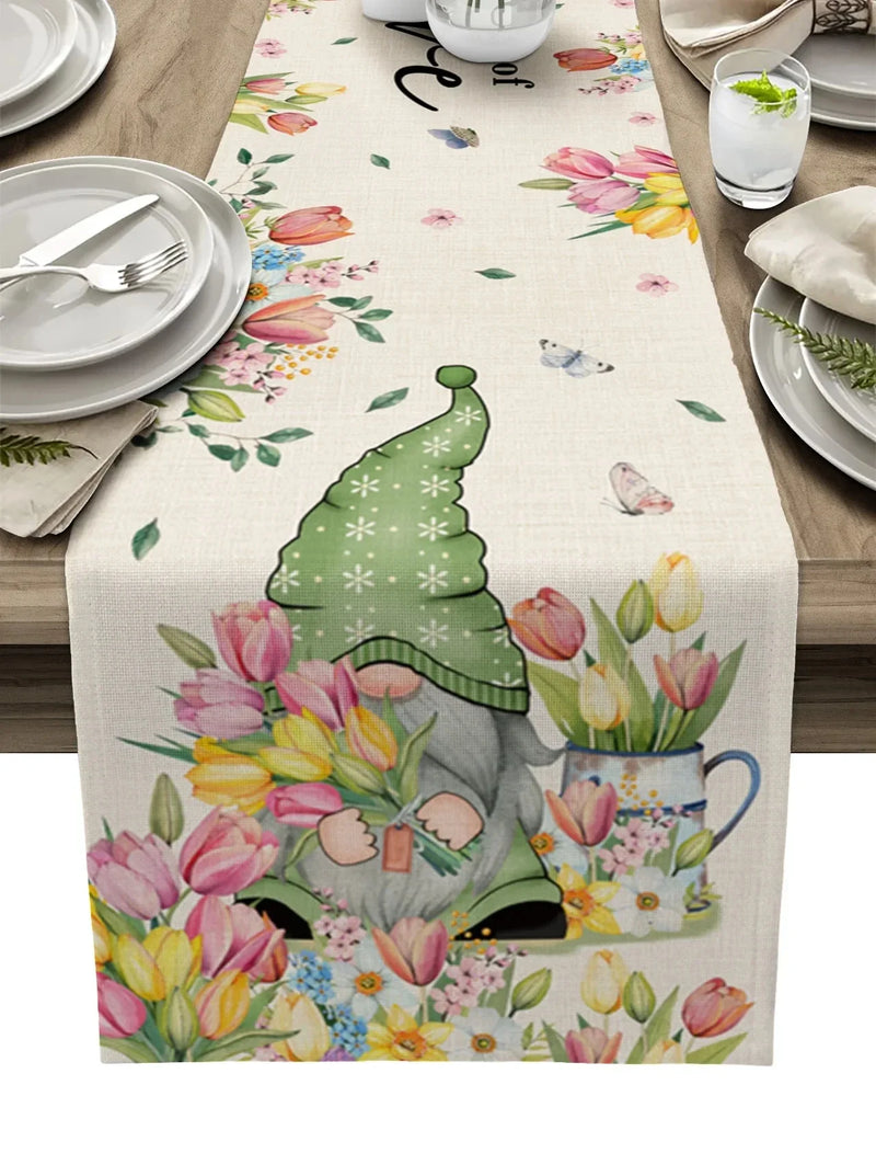 Spring Easter Tulip Gnome Linen Table Runners Holiday Party Decor Farmhouse Kitchen Dining Table Runners Easter Decoration 2024