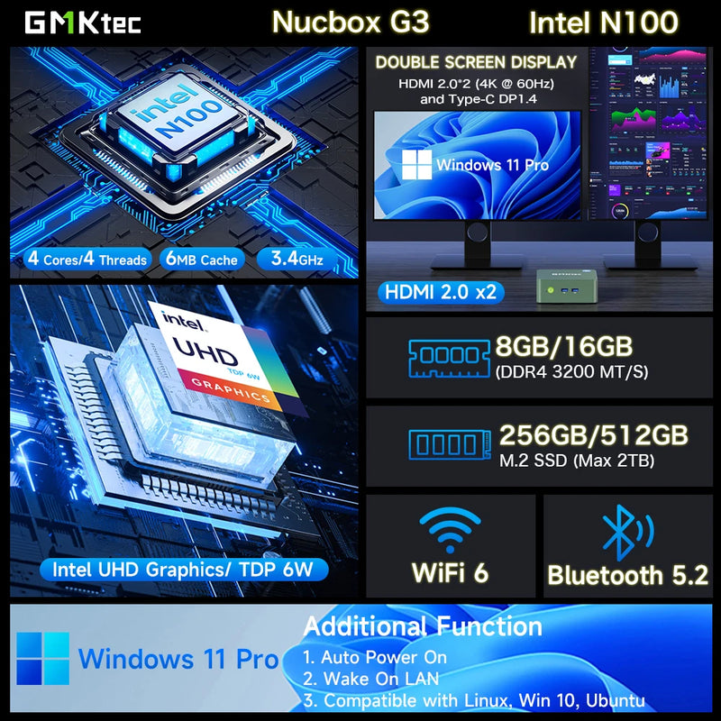 GMKtec G3 Mini PC Intel Alder Lake N100 Windows 11 Pro Desktop Computer 8/16GB RAM 256/512GB PCIe M.2 SSD WiFi 6 BT5.2 Mini PC
