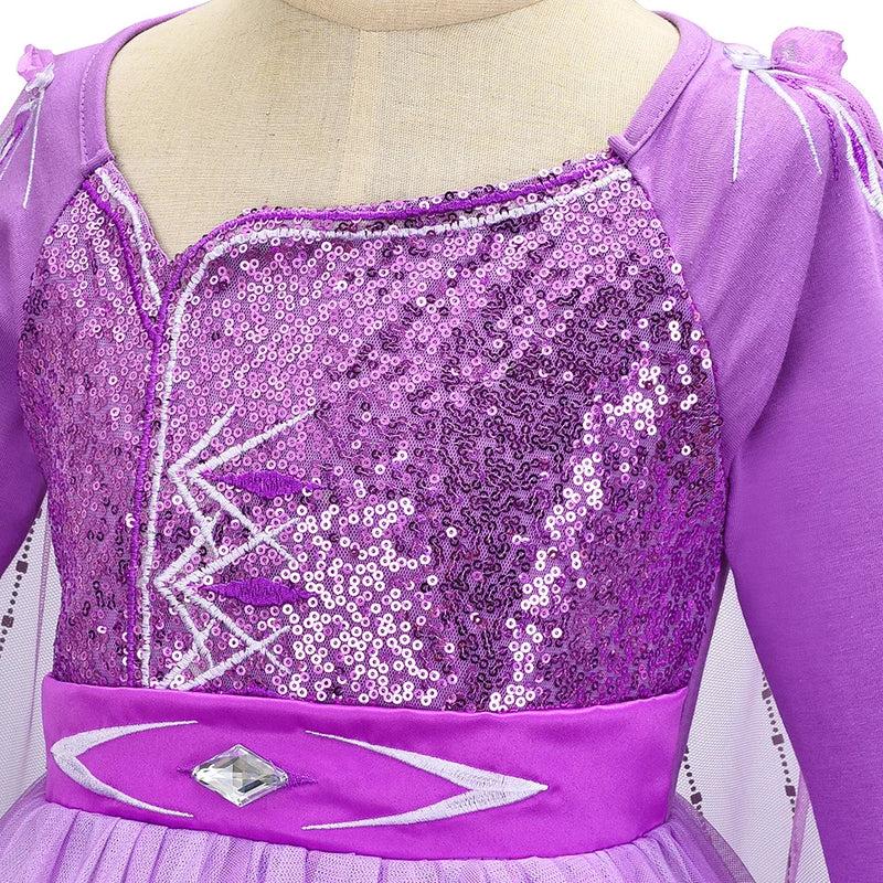 Girl Elsa Dress Princess Cosplay Purple Sequins Mesh Halloween Long Sleeves Ball Gown Birthday Party Carnival Costume