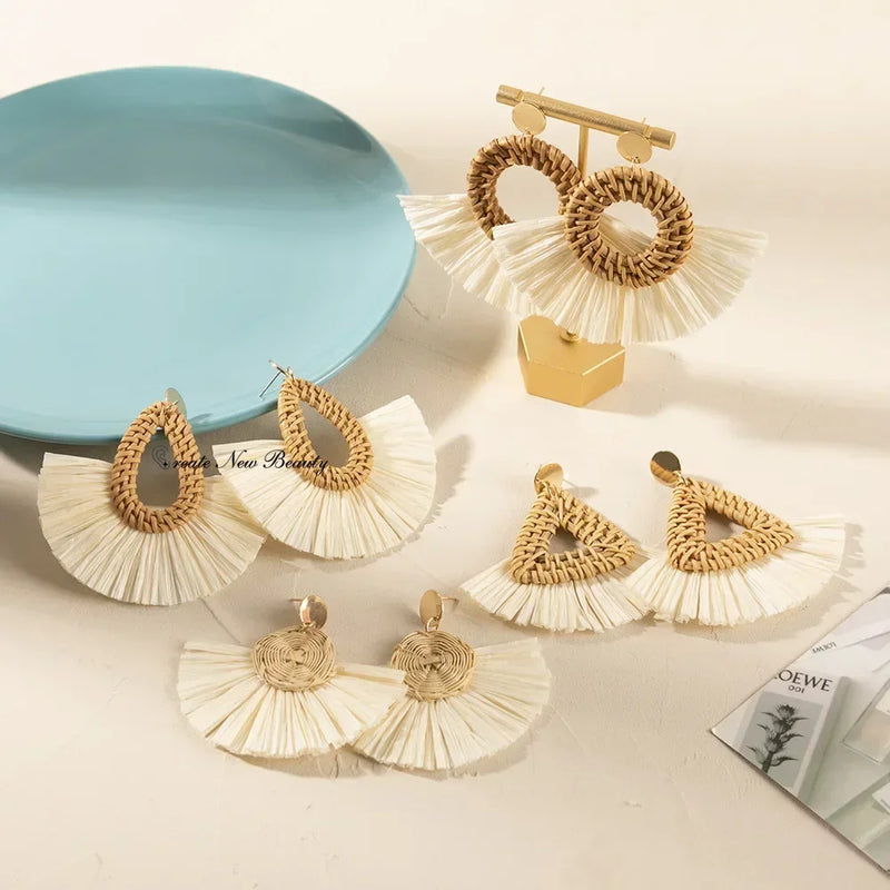 Multiple Korea Handmade Bamboo Braid Pendent Drop Lafite Earrings for Women New Fashion Jewelry Rattan Vine Knit Long Brincos