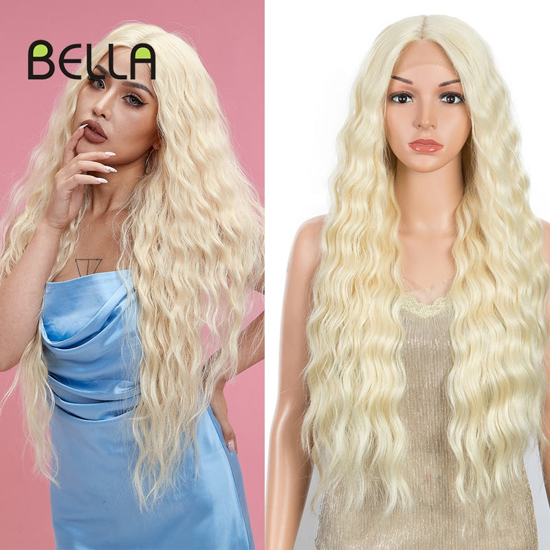 BELLA Lace Wigs Synthetic Deep Wave Curly Synthetic Lace Front Wig Blonde Wig Pink 30 Inch Hair Wigs For Black Women Cosplay