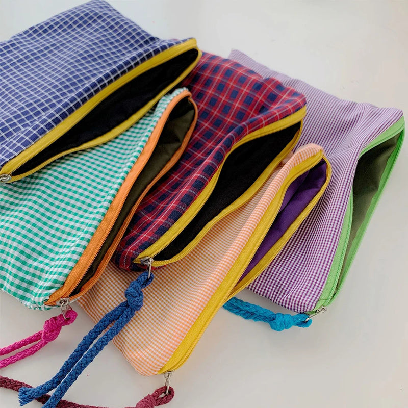 Korean Style Plaid Zipper Pencil Case Portable Office Desk Organizer Large Capacity Stationery Storage Pouch School Supplies