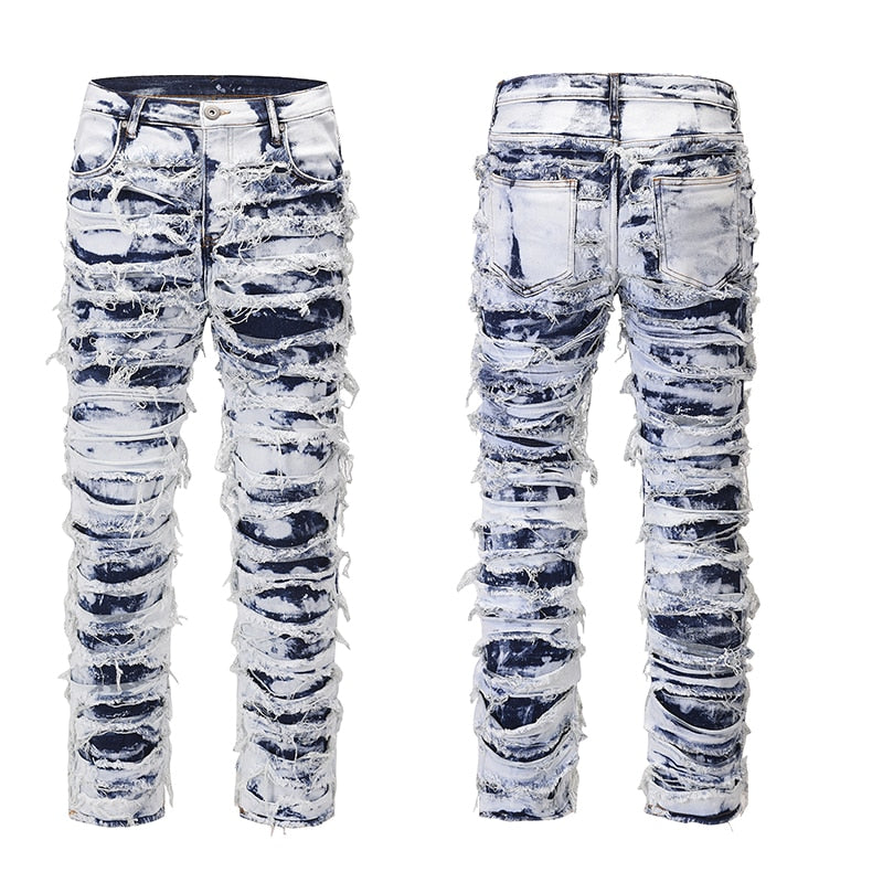 Retro Hole Ripped Distressed Jeans for Men Straight Washed Harajuku Hip Hop Loose Denim Trousers Vibe Style Casual Jean Pants