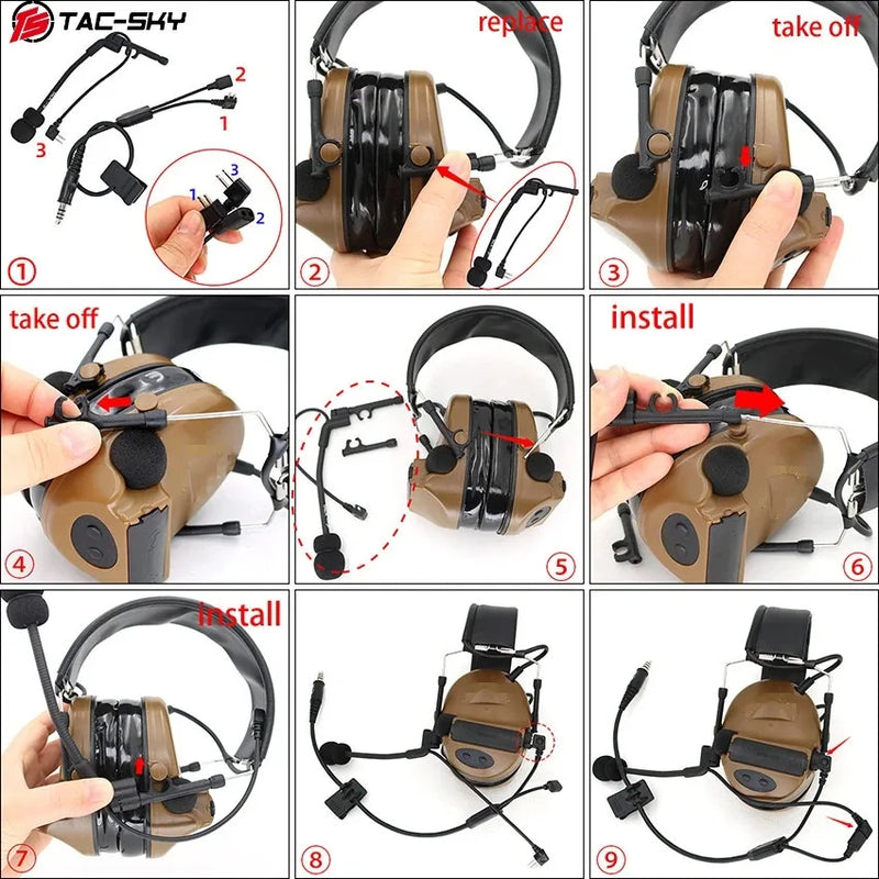 TAC-SKY outdoor hunting tactical headset Y cable set adapter Compatible with U94 PTT For Peltor PTT and COMTAC microphone