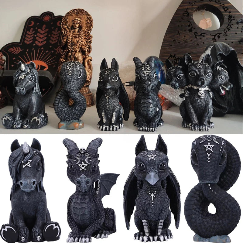 1pc Halloween Magic Black Dragon Snake Griffin Unicorn Mysterious Witches Statue Home Decor Figurine Christmas Desk Ornaments