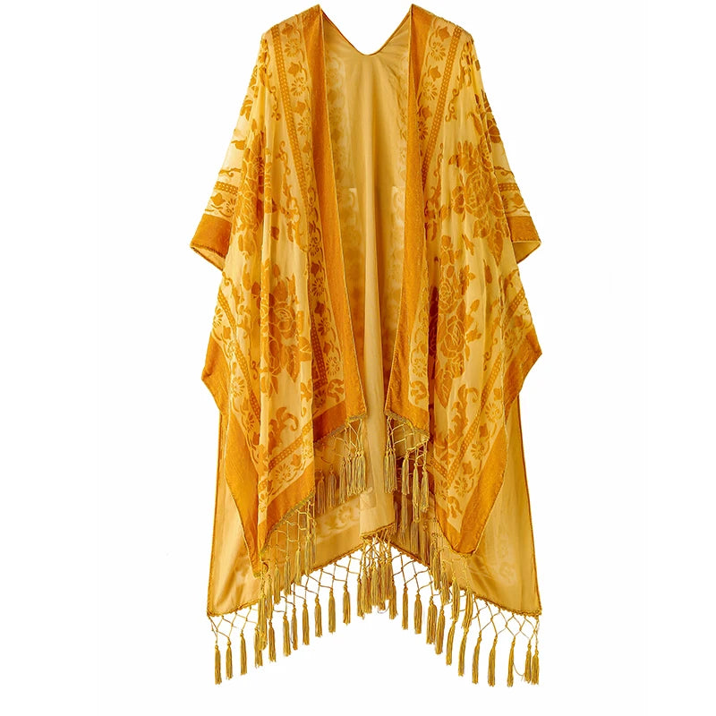 WeHello Burnout Velvet Kimono For Women Luxury Fashion Long Cardigan With Tassel Beach Cover-up Holiday Cardigan Shawl