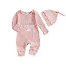 Adorable Easter Bunny Print Romper with Matching Hat for Baby s First Easter Celebration - Long Sleeve Round Neck Jumpsuit
