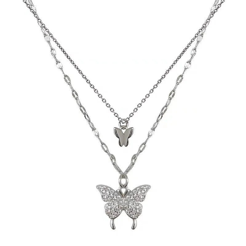 New Shiny Butterfly Necklace Ladies Exquisite Double Layer Clavicle Chain Necklace Jewelry for Ladies Gift