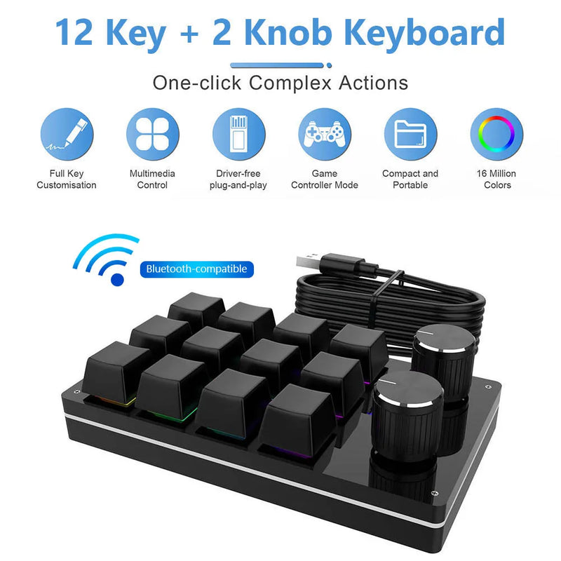 Macro Keyboard 12 Key 2 Knob Custom Programming Mechanical Keyboard Hot swap Custom Keypad One-handed Mini Gaming Keyboard