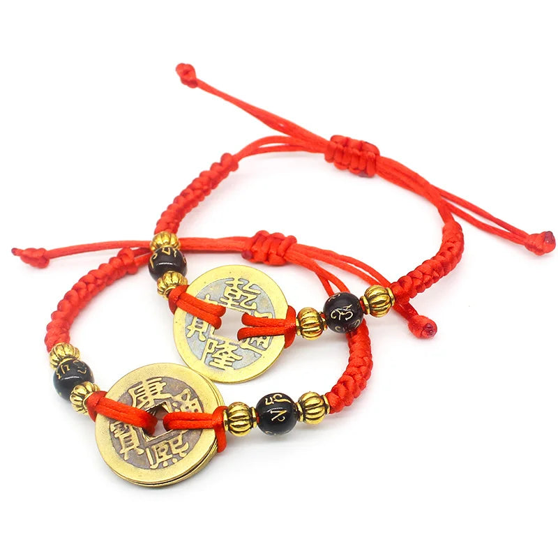 Lucky Red String Feng Shui Copper Coin Bracelet Bangle Handmade Adjustable Attract Money Wealth Bracelet for Women Men