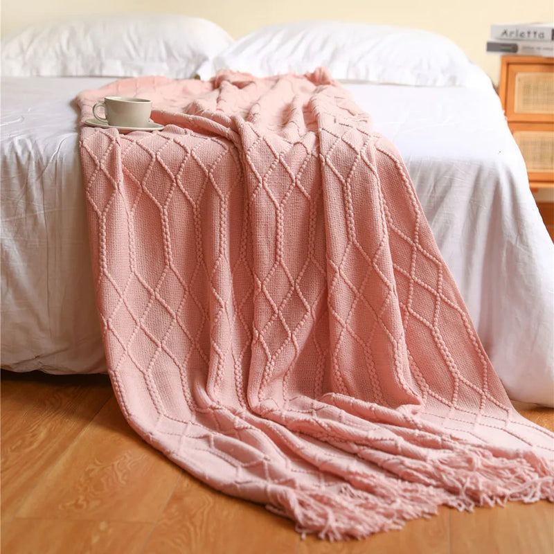Inyahome Knitted Chunky Throw Blankets for Couch and Bed Soft Cozy Knit Blankets with Tassel Farmhouse Warm Woven Blankets Pink