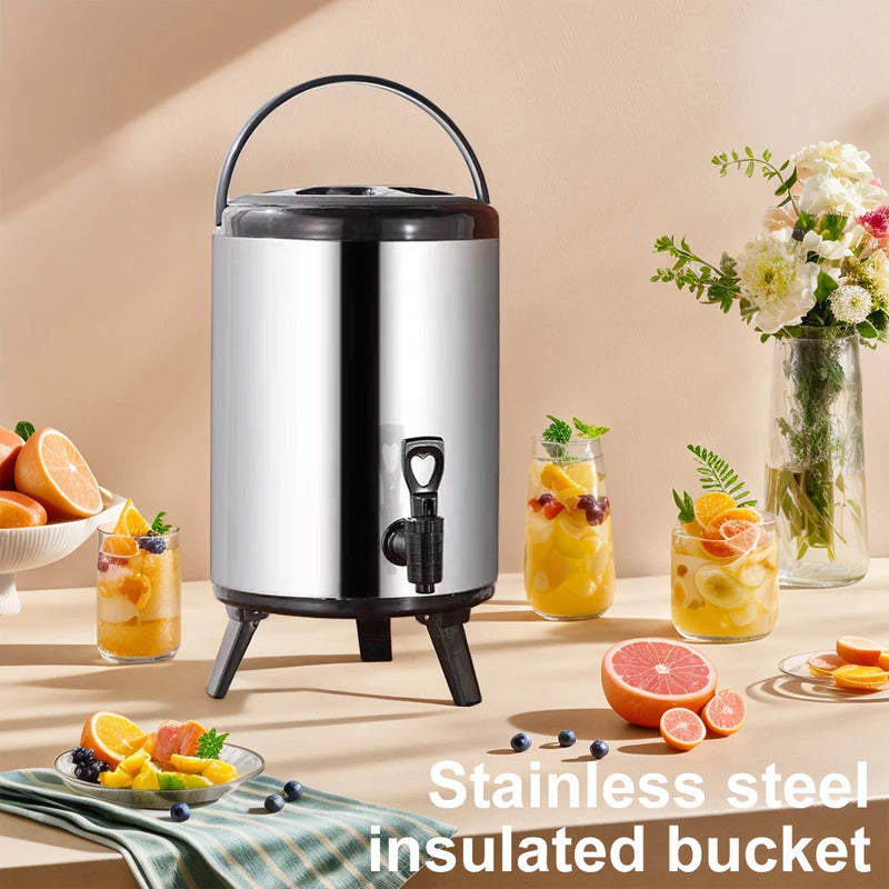 Stainless Steel Double-Layer Container 6L/8L with Faucet Beverage Dispenser Milk Tea Buckets Ideal for Water Milk Tea and Coffee
