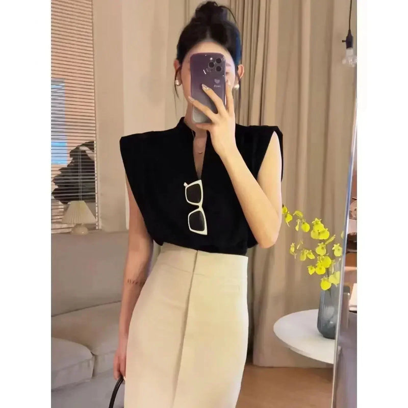 Iyundo Fashion Korean Style Women Summer Crop Tops T-shirt and Blouse Tight Short Flying Sleeve V-neck Formal Occasion Clothing