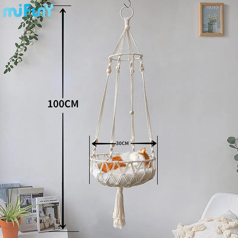MiFuny Large Cat Hammock Hand Woven Hanging Basket Pet Cat Swing Beds Kitten Accessories Toy with Rope Cat's House Puppy Bed