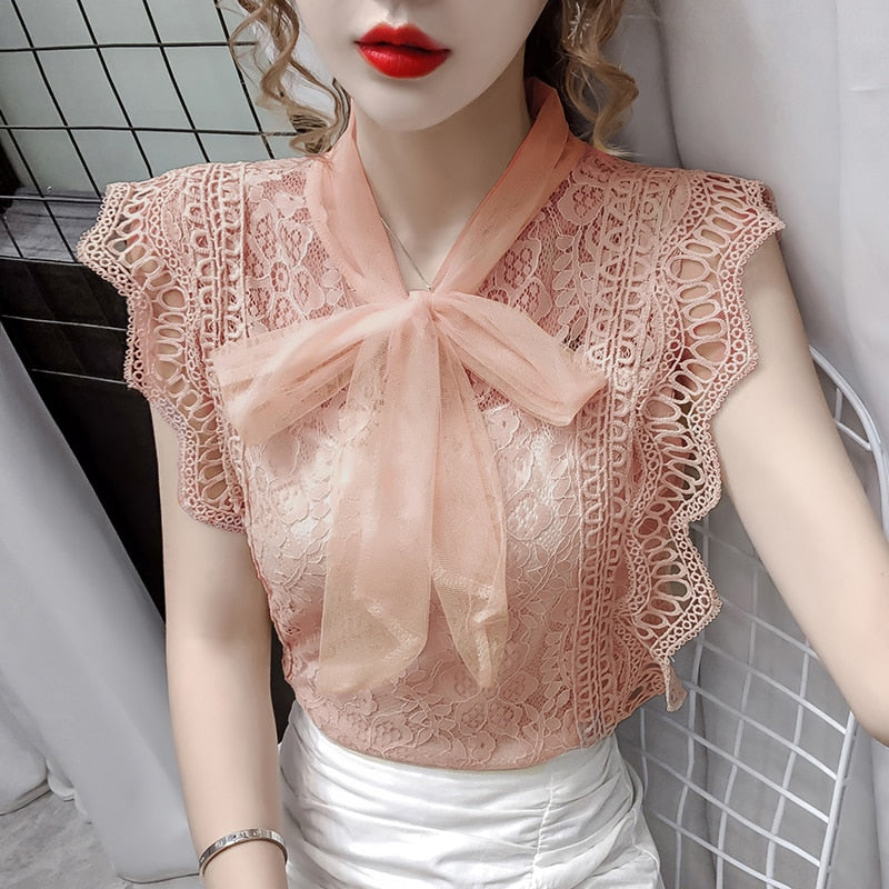 Solid Hollow Out Shirt Korean Fashion Clothing Vintage Sleeveless 2023 Womens Tops and Blouses Lace Patchwork Blusas 9811