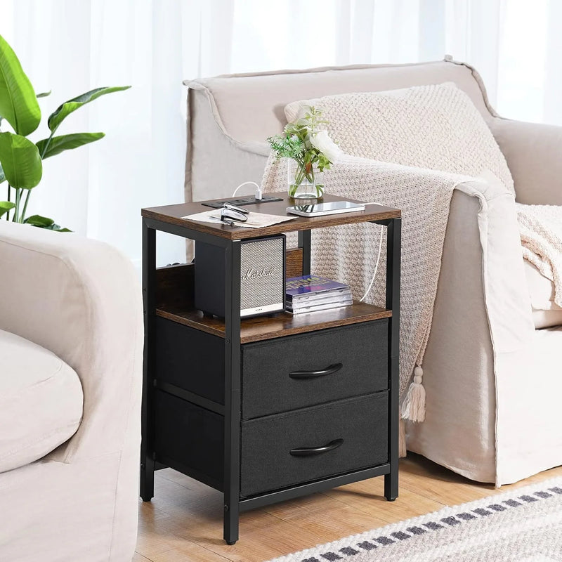 Nightstand with Charging Station, Small Night Stand with Fabric Drawers and Storage Shelf for Bedrooms, Nightstands
