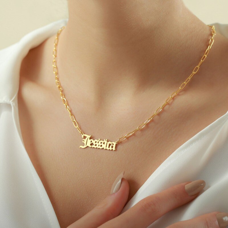 Free Box Cuban Chain Custom Old English Name Necklace Stainless Steel Vintage Letters Pendant Necklace Anniversary Gifts