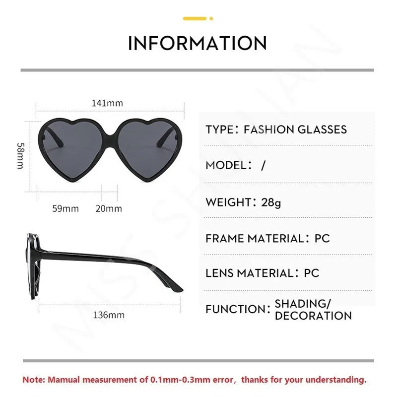 New Trendy Big Heart Shape Sunglasses Women Sexy Fashion Black Oversized Sun Glasses for Female Male Party Travel Shades Eyewear