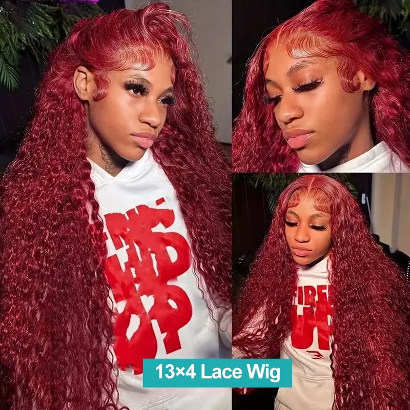 Deep Wave 99J Burgundy 13x4 13x6 HD Lace Frontal Wig Human Hair Transparent Lace Wigs Brazilian Red Colored