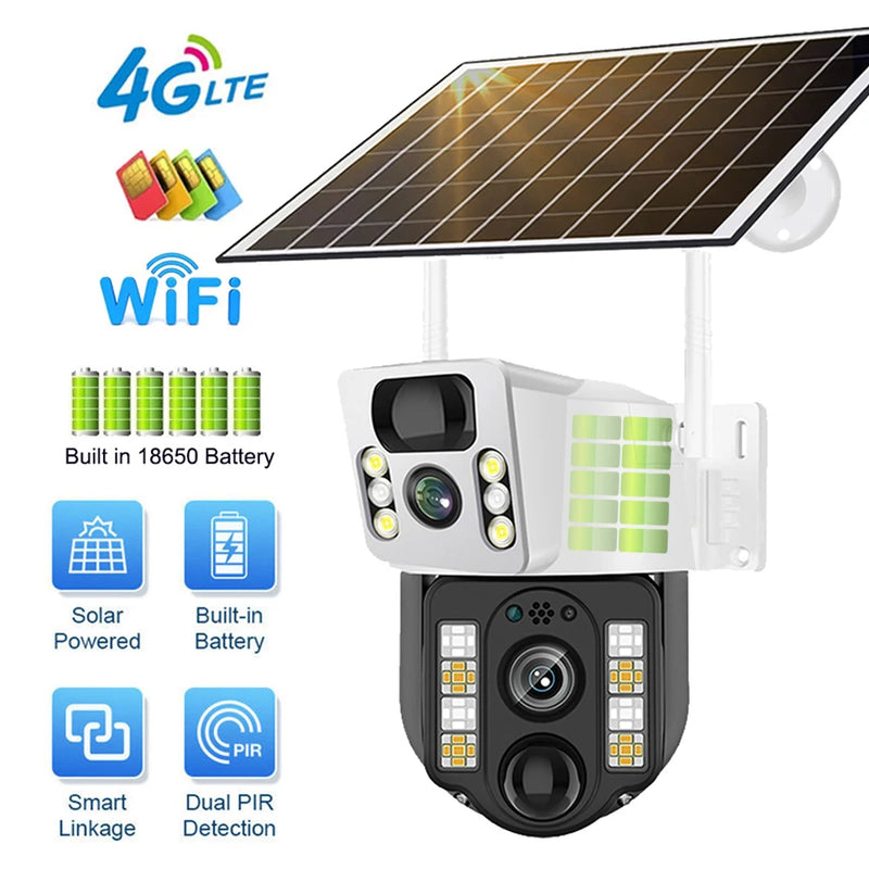 4K 8MP WiFi/4G Solar Camera Dual Lens Low Power Battery CCTV Cameras PIR Motion Detection Auto Track V380 Surveillance Monitor