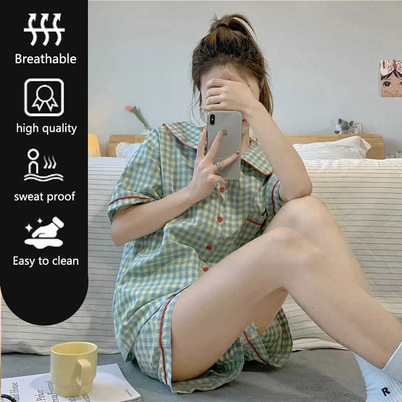 3pcs/set Short Sleeve Premium Feeling Pajamas Women's Cardigan Short Sleeve Long Pants Homewear Ladies Student Pajama ThreeSet