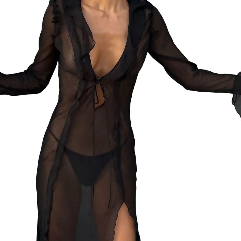 Women Y2k Sexy Sheer Mesh See Through Long Dress Gothtic Long Sleeve Bodycon Dress V Neck Tie Front Side Split Dress