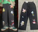 Men and Women Straight Loose Autumn Korean Style Cartoon Printed Jeans Pants Street Hip-hop Handsome Nine-point Pants Fashion