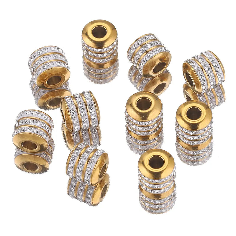 5pcs 8mm Stainless Steel 3 Rows Rhinestones Round Tube Charm Beads Crystal for Jewelry Making Diy Material	Make Up Needlework