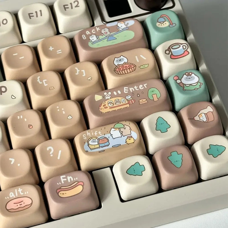 Korean Russian Keycap Khaki Cute Cocoa Bean Milk PBT Five-Sided Sublimation MOA DIY Mechanical Keyboard Cartoon Hangul Keycaps