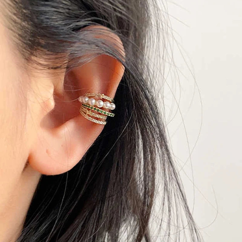 Pearl Zircon Ear Cuff Ear Clip C Shape Punk Metal Clip Earrings for Women Without Piercing Cartilage Ear Clip Wedding Jewelry
