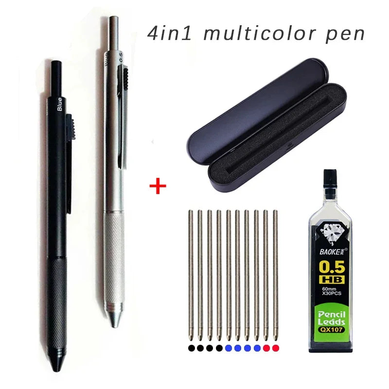 4 In 1 Multicolor Metal Pen with 3 Colors Ball Pen Refills and Automaticl Pencil Lead Students School Supplies Stationery Gifts