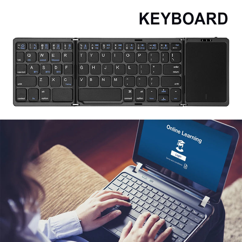 B089T Portable Mini Three Folding Bluetooth Keyboard 64 Keys Wireless Foldable Touchpad Keypad for IOS Android iPad Tablet Phone