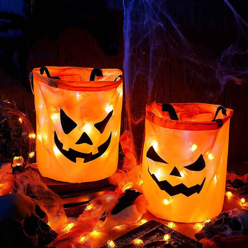 LED Light Halloween Trick or Treat Bucket Pumpkin Candy Bags Collapsible Halloween Basket for Thanksgiving Party Gift Basket