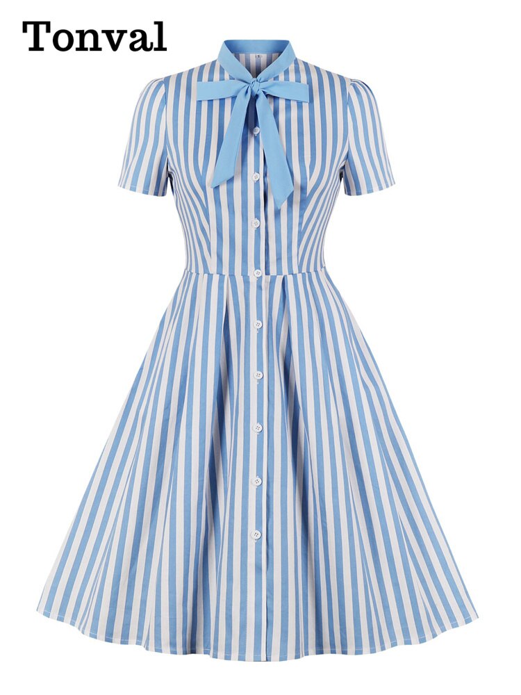 Tonval Bow Tie Neck Green Striped Vintage Robe Button Up Elegant Dresses for Women Cotton Retro Clothing Pocket Summer Dress