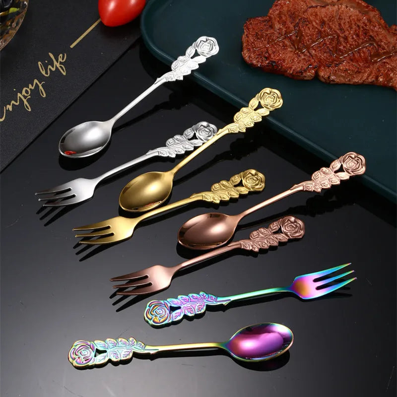 304 Stainless Steel Teaspoon with Rose Flower Handle Mini Tea Coffee Dessert Ice Cream Stirring Spoon Fork Kitchen Utensils