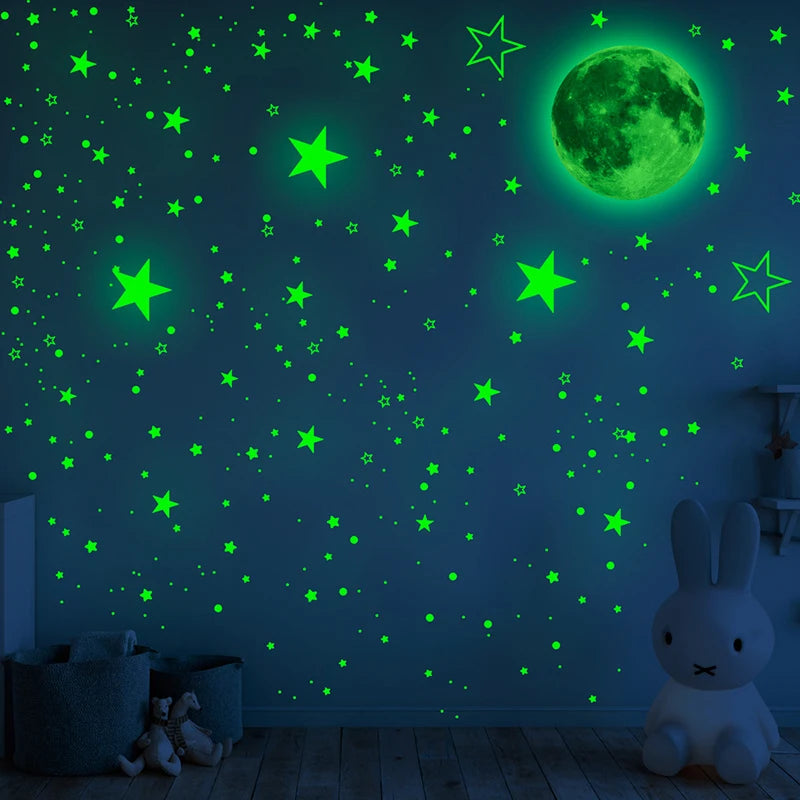 444pcs/set Luminous Moon Star Wall Sticker Glow In The Dark Fluorescent Wall Art Decals For Home Kids Bedroom Ceiling Decoration
