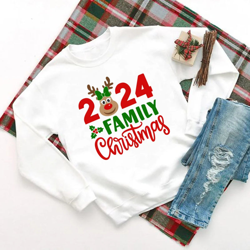 2024 Family Christmas&deer Print Family Together Matching Sweatshirt Casual Christmas Hoodie Christmas Day Holiday Clothes Tops