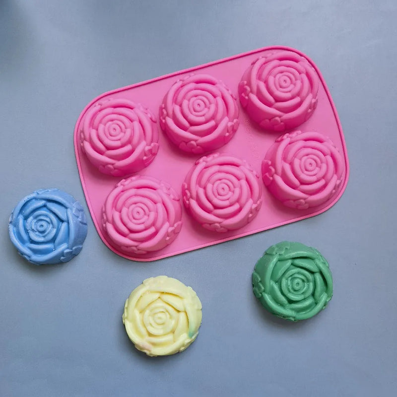 6 Holes Flower Rose Handmade Soap Candle Mold Silicone Cake Mold Bakeware Baking Dish Pan Muffin Mould Rose Ice Cube