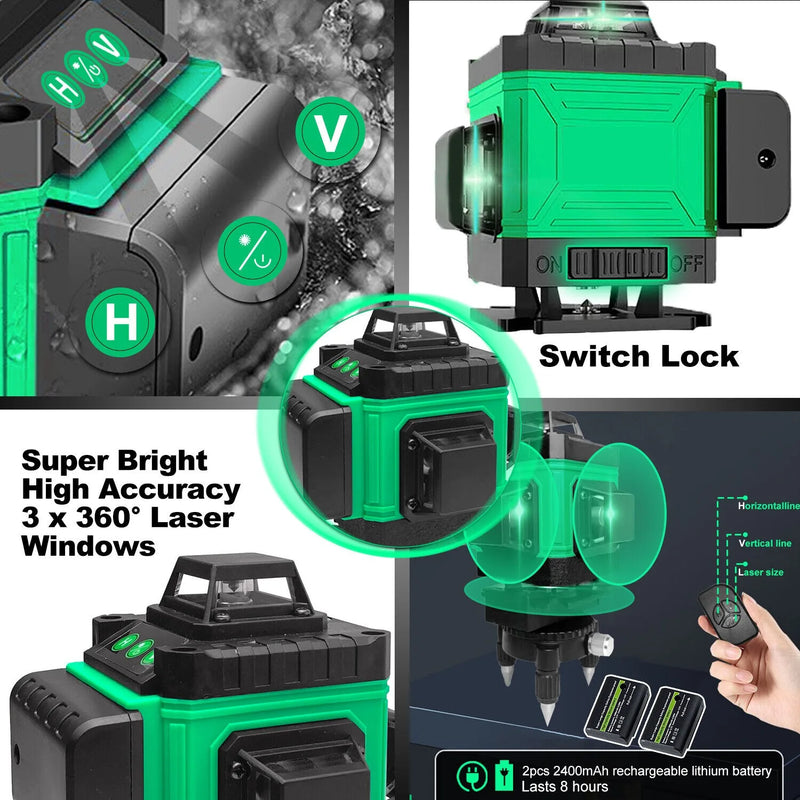 Tegatok16 Lines 4D Professional Laser Level Horizontal Vertical Green Laser Automatic 360°Self-Leveling Laser Building Tools