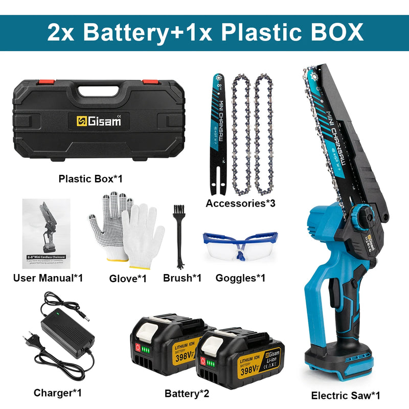 Gisam 8 Inch Brushless Electric Chainsaw Cordless Electric Saw Woodworking Garden Pruning Saw Tool For Makita 18V Battery Pins
