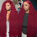 99j Burgundy 100% Human Hair Deep Wave 13x6 Lace Frontal Wig Water Wave Frontal Wig Curly Wigs  200 Density Women's Wigs 52 Inch