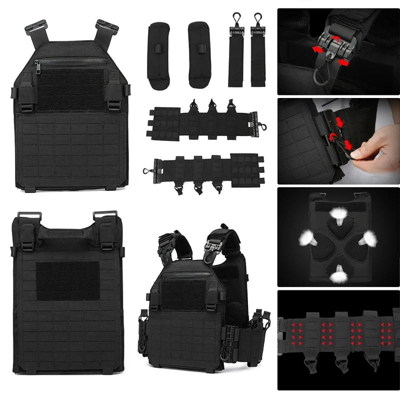 New Combat Vest 6094 Quick Release Lightweight Laser Cut Tactical Vest Black Gear Carry Hunting Tactical Vests