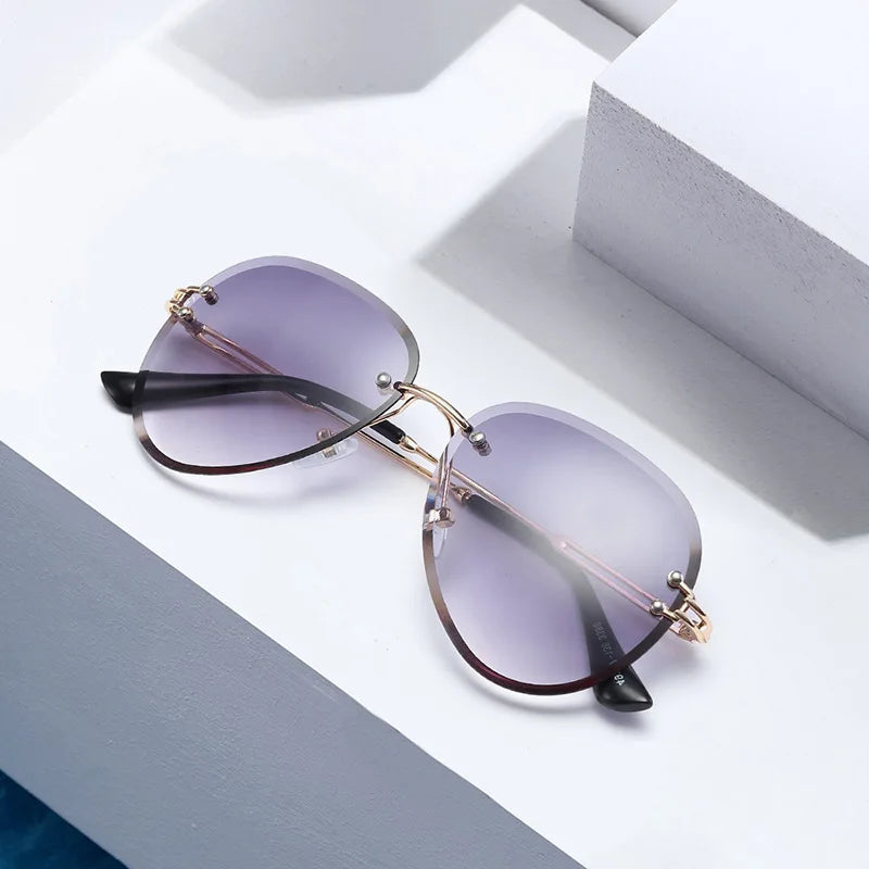 Fashion Blue Rimless Sunglasses Women 2024 UV400 Luxury Aviation Ladies Sunglasses Glasses Shades Zonnebril Dames