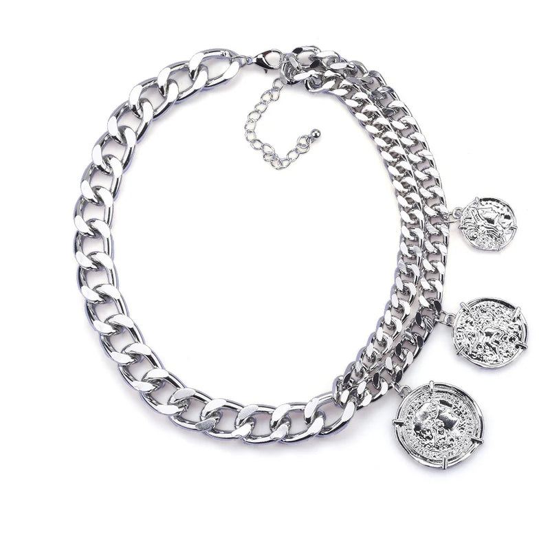 2025 New Contrast Metal Chain Links Choker Necklace With Charm Coin Pendants Jewelry Women Gold Silver Color  Punk Necklace