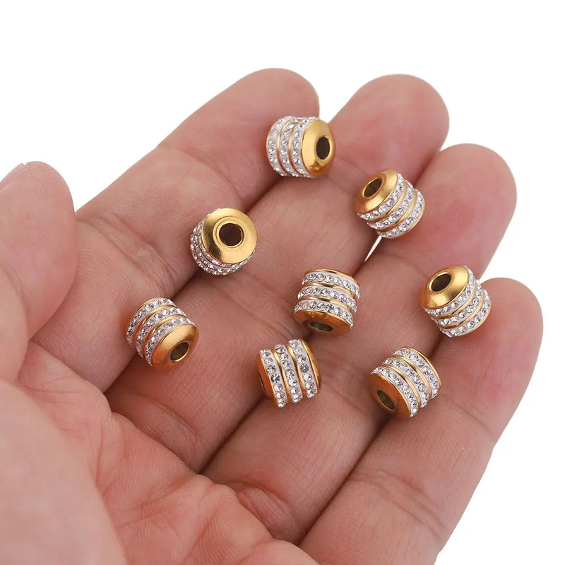 5pcs 8mm Stainless Steel 3 Rows Rhinestones Round Tube Charm Beads Crystal for Jewelry Making Diy Material	Make Up Needlework