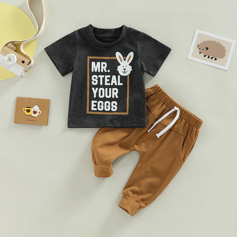 Cute Toddler Boys Outfit Long Sleeve Round Neck Bunny Print Top Cozy Elastic Waist Joggers for Easter Celebrations