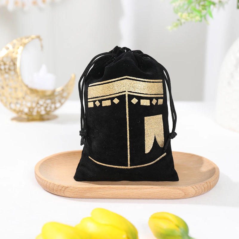 6pcs Eid Mubarak Bags Black Velvet Gift Kareem Ramadan Candy Bags Muslim Islamic Home Family Party Decorations Eid al-Fitr 2025