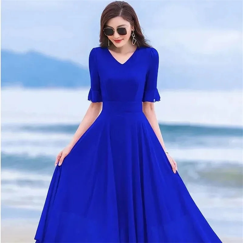 Summer Bohemian Women Long Dress Solid Color Short Sleeve V Neck 5XL Chiffon Sundress Maxi Evening Ladies Party Dress Vestidos